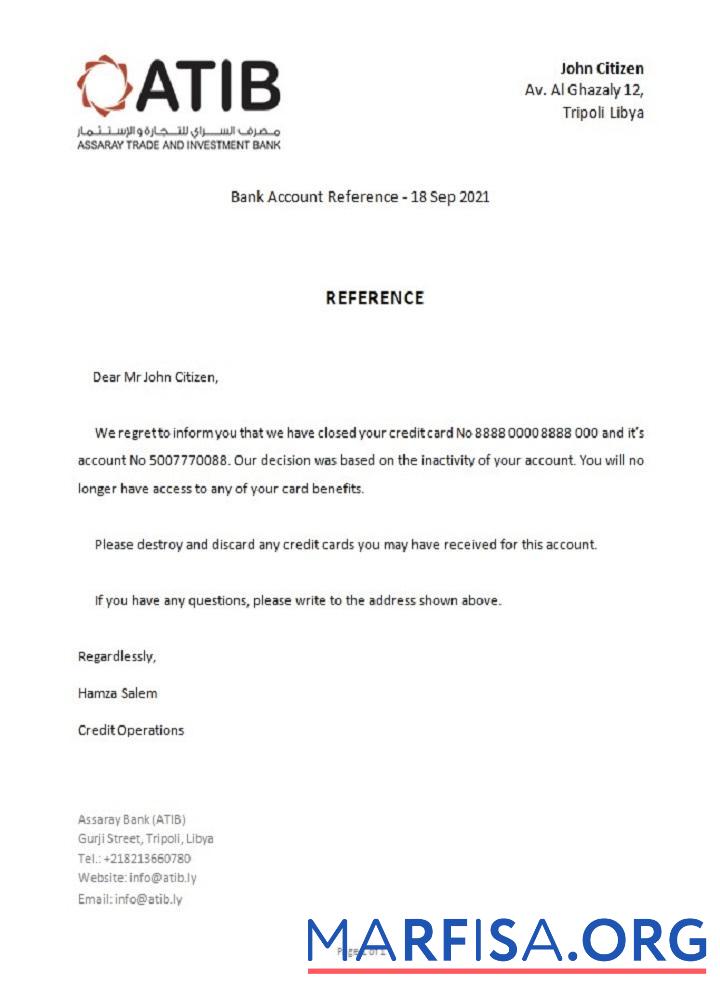 Blank Libya Assaray Bank closure reference sample